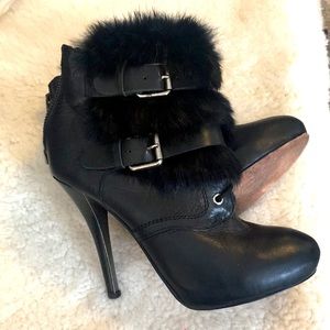 Dolce Vita Black Leather Stiletto Booties with Rabbit Fur Trim